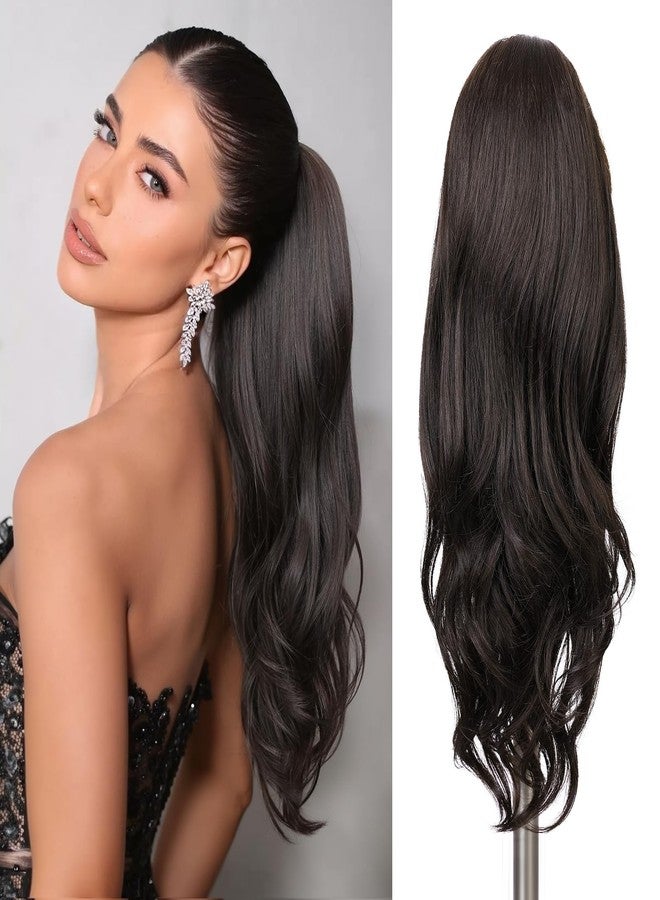 WIGER 26 Inch Dark Brown Drawstring Ponytail Extension for Women Long Wavy Layered Synthetic Stand Up High Pony Tails Hair Extensions for Christmas Daily Use - Image 1